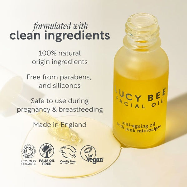 Lucy Bee organic firming facial oil with pink microalgae 18ml, UK version