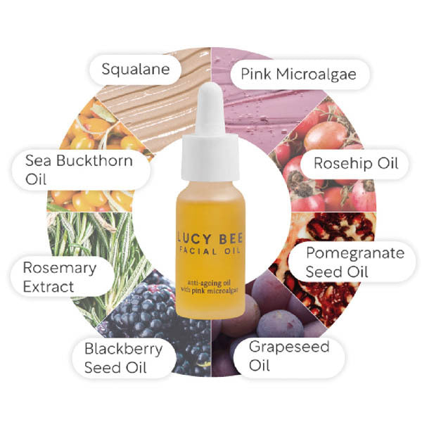 Lucy Bee organic firming facial oil with pink microalgae 18ml, UK version