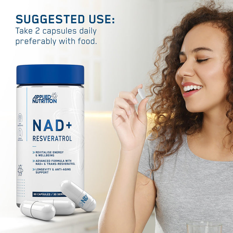 Applied Nutrition NAD+ trans-resveratrol supplement 60 capsules (British brand)