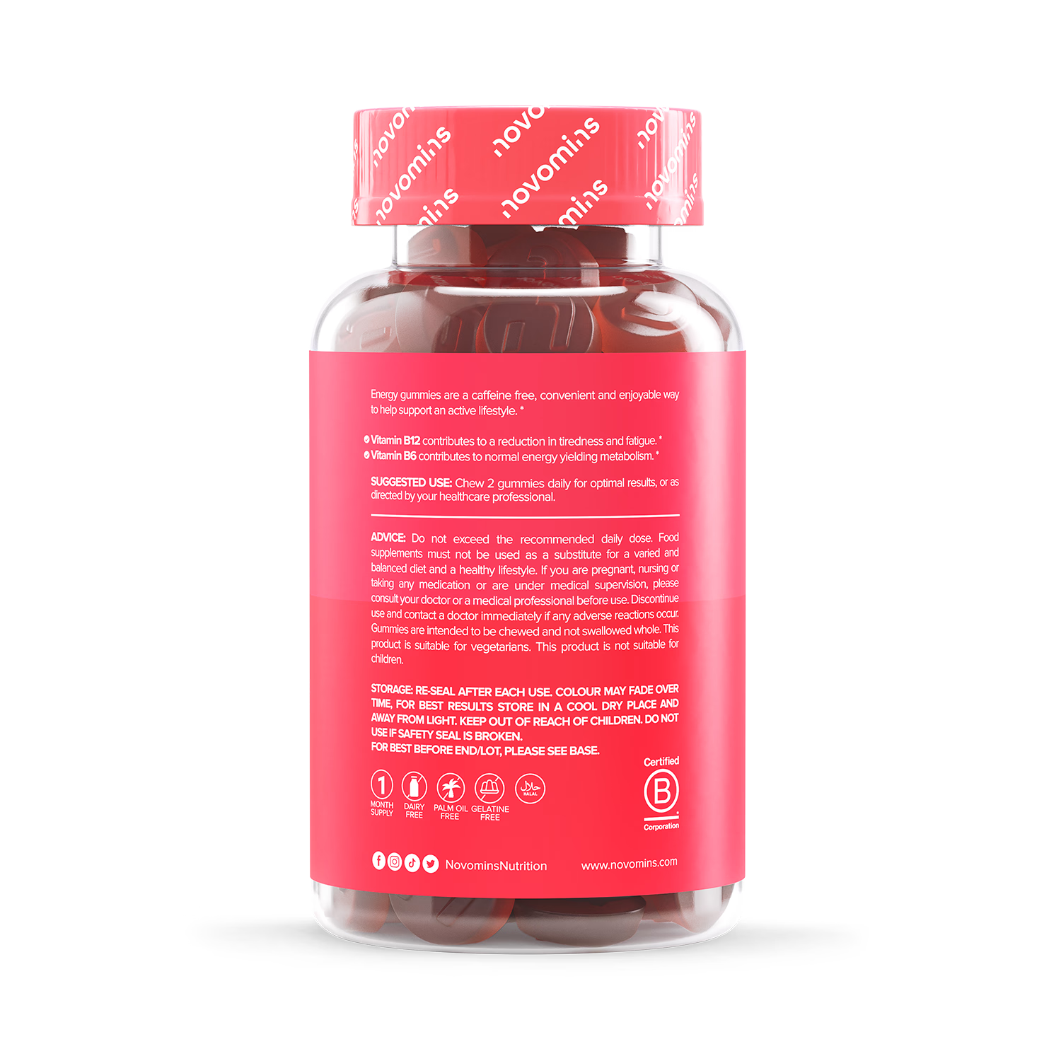Novomins Energy Gummies Raspberry Flavour 60 Gummies, UK version