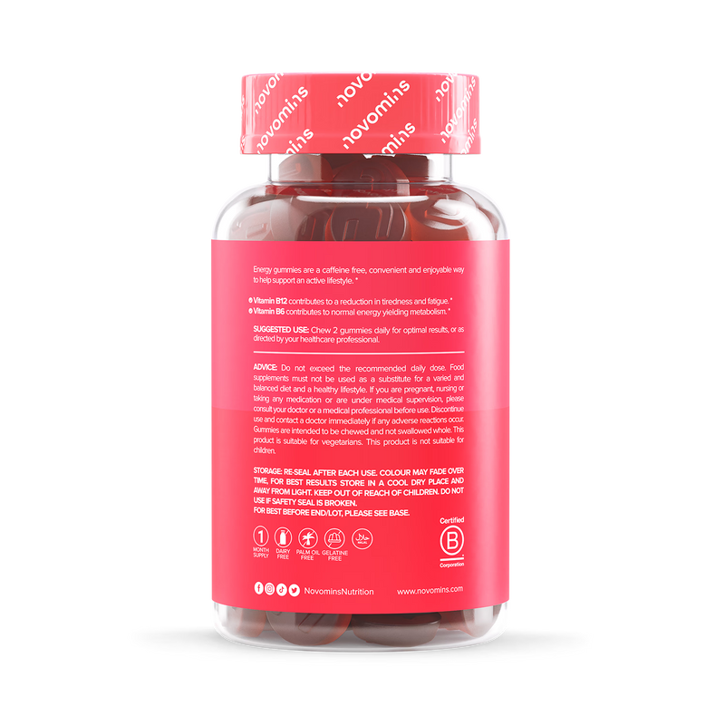 Novomins Energy Gummies Raspberry Flavour 60 Gummies, UK version