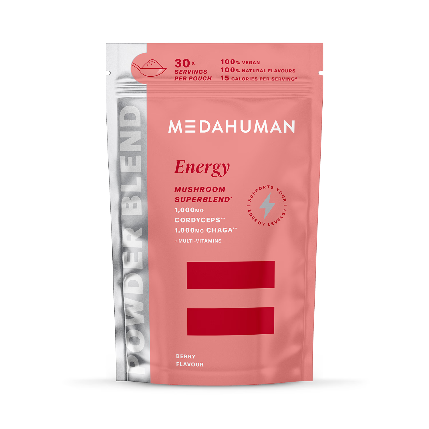 Medahuman energy mushroom superblend powder berry flavour 150g, imported from the UK