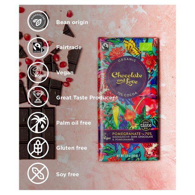 Chocolate and Love Fairtrade Organic Pomegranate 70% Dark Chocolate   80g