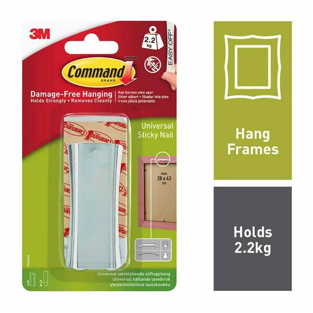 Command&amp;trade; Universal Sticky Nail Silver, 1 Hanger and 2 Large Strips - Holds up to 2.2kg