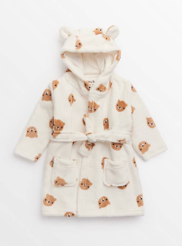 Cream Bear Print Fluffy Dressing Gown Up to 1 mth