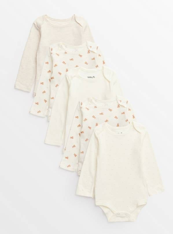 Cream Bear Print Long Sleeve Bodysuits 5 Pack 3-6 months