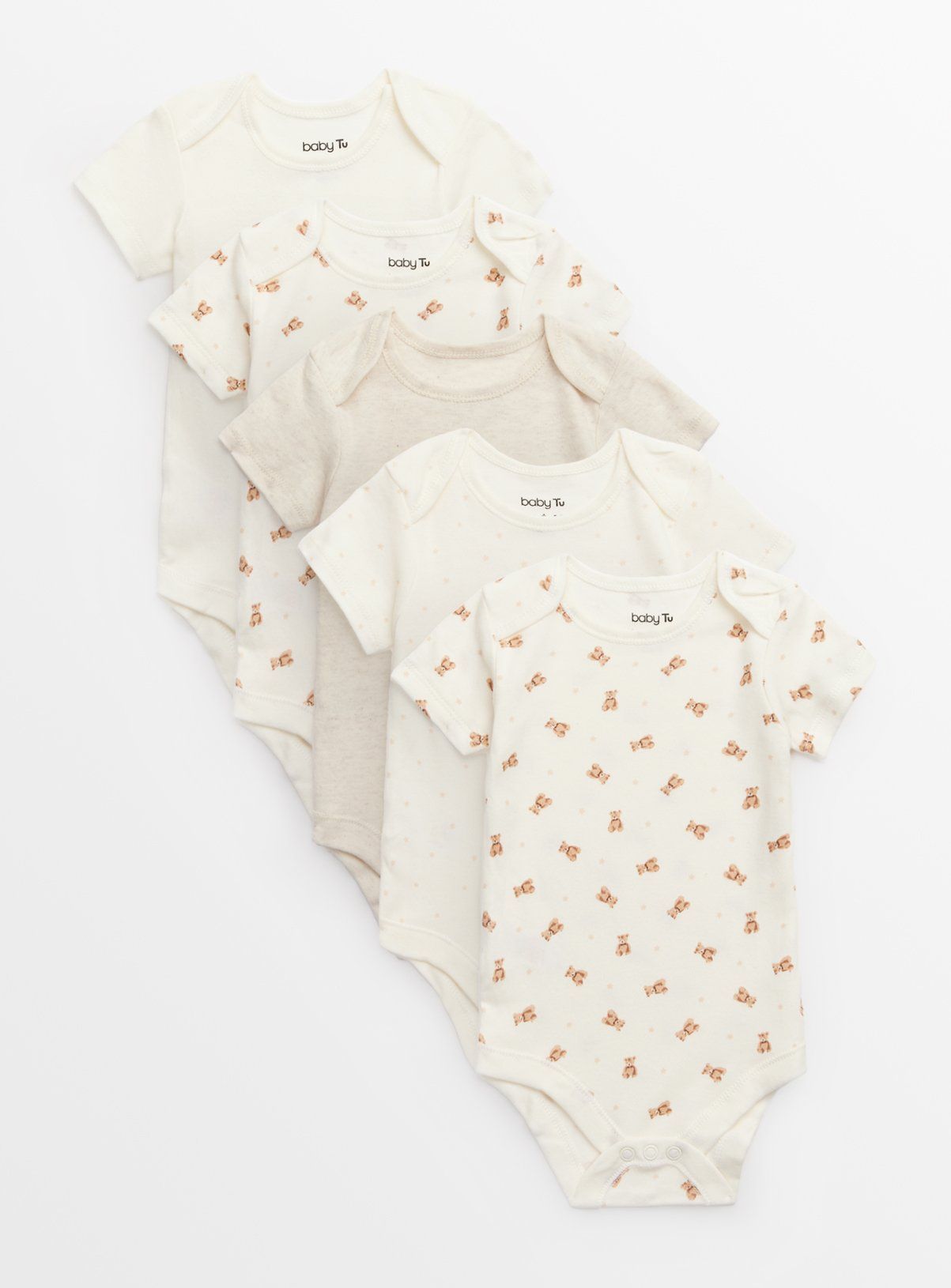 Cream Bear Print Short Sleeve Bodysuits 5 Pack Up to 3 mths