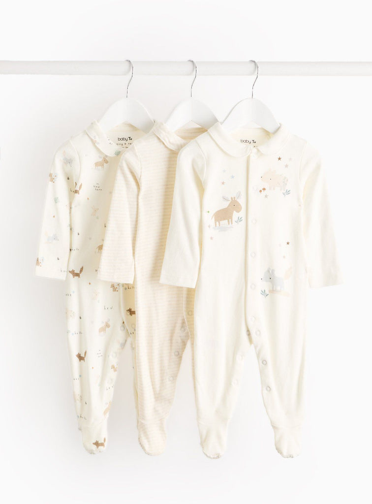 Cream Woodland Animal Print Collar Sleepsuits 3 Pack 12-18 months