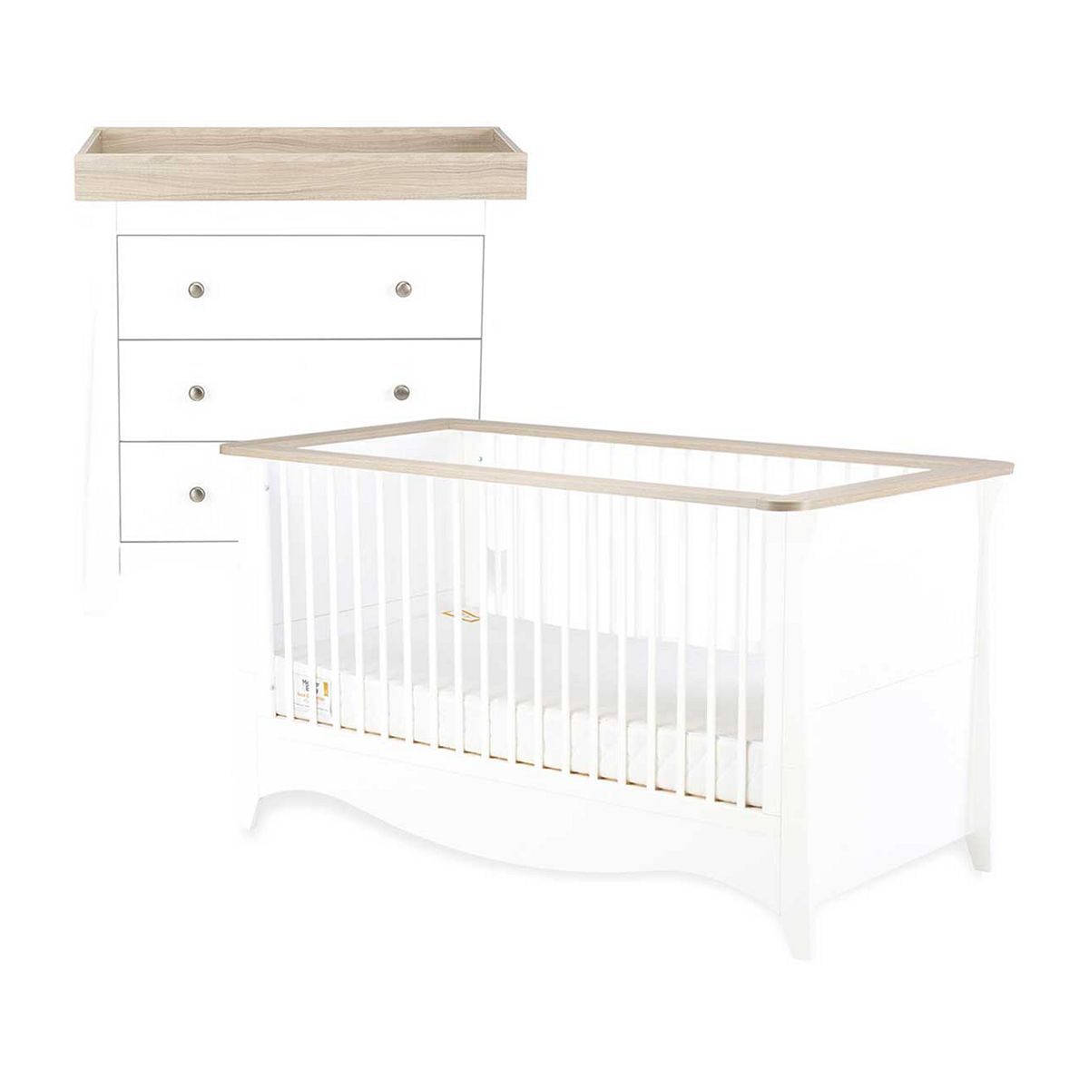 CuddleCo Clara 2pc White &amp;amp; Ash Nursery Furniture Set- 3 Drawer Dresser and Cot Bed