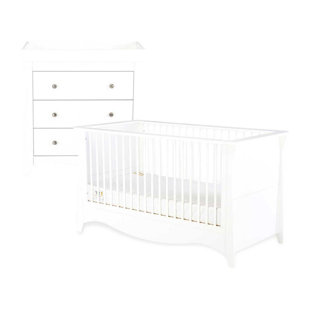 CuddleCo Clara 2pc White Nursery Furniture Set - 3 Drawer Dresser and Cot Bed