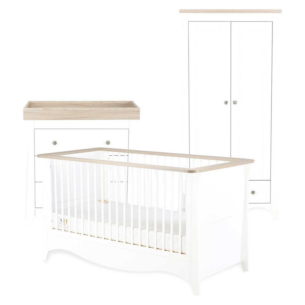 CuddleCo Clara 3pc White & Ash Nursery Furniture Set - 3 Drawer Dresser, Cot Bed and Wardrobe