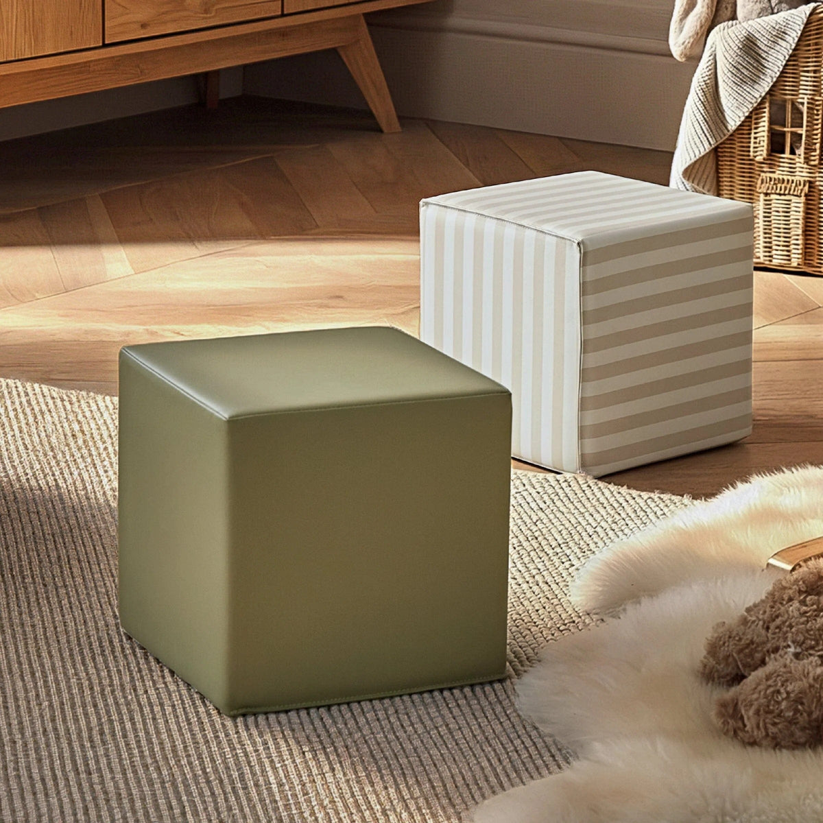 CuddleCo soft play cube set in Cookie Stripe and Olive, UK version