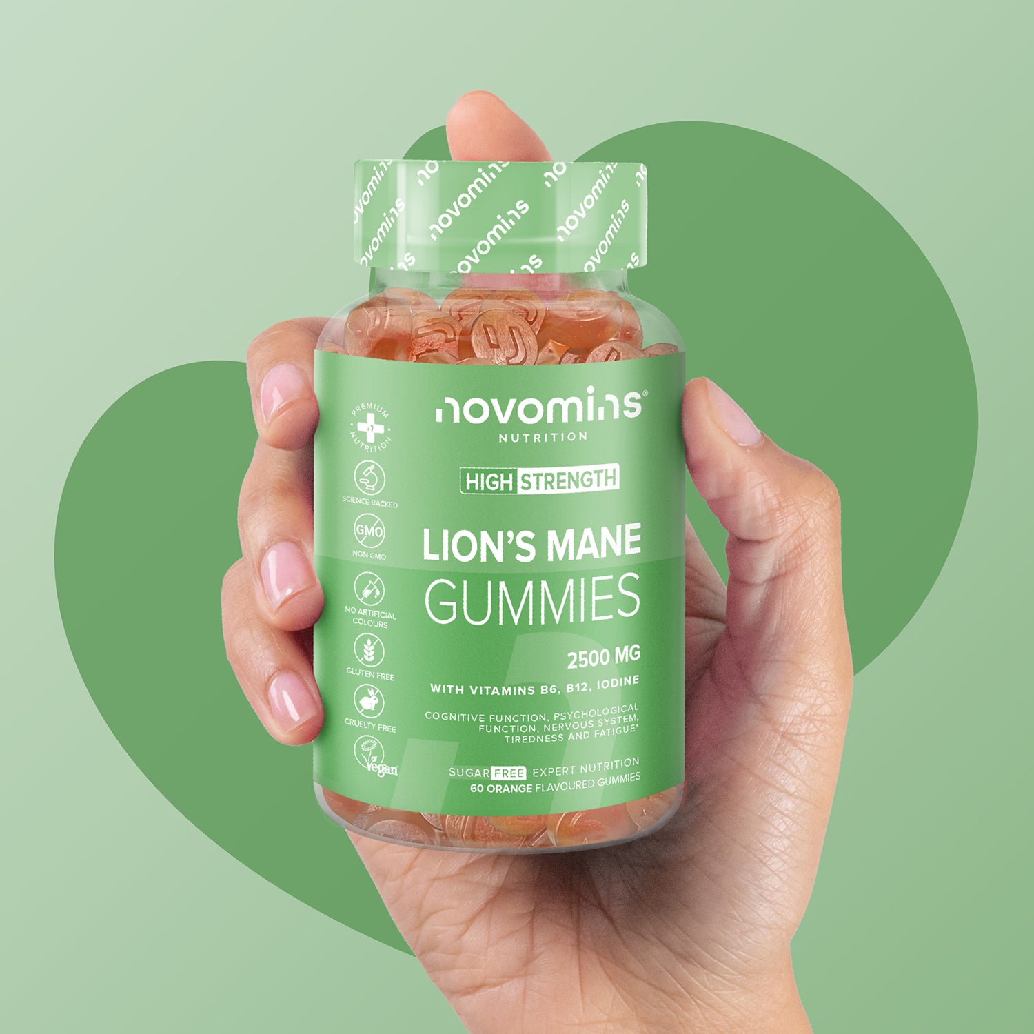Novomins Lion's Mane gummies orange flavoured 60 count, UK version