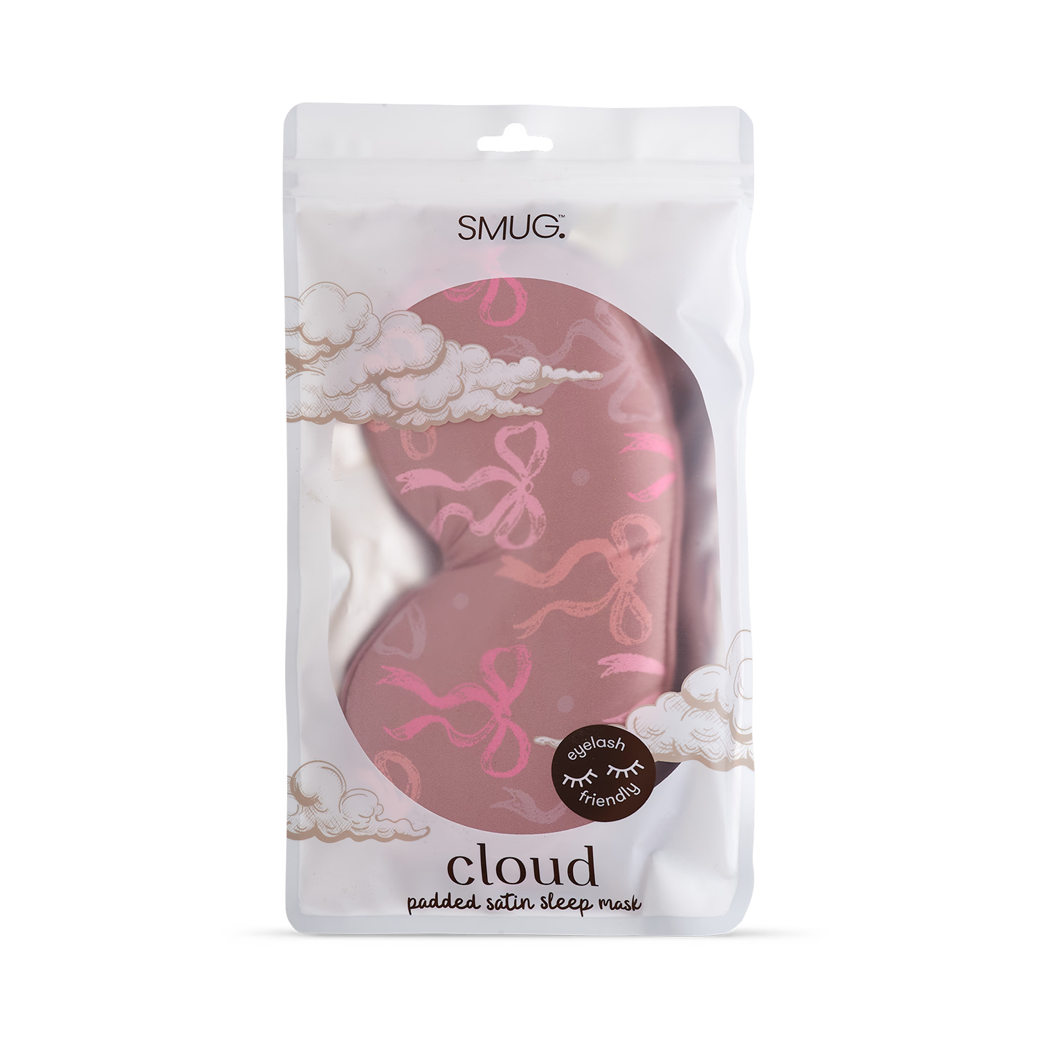 Smug Cloud padded satin sleep mask Mocha Bows (British brand)