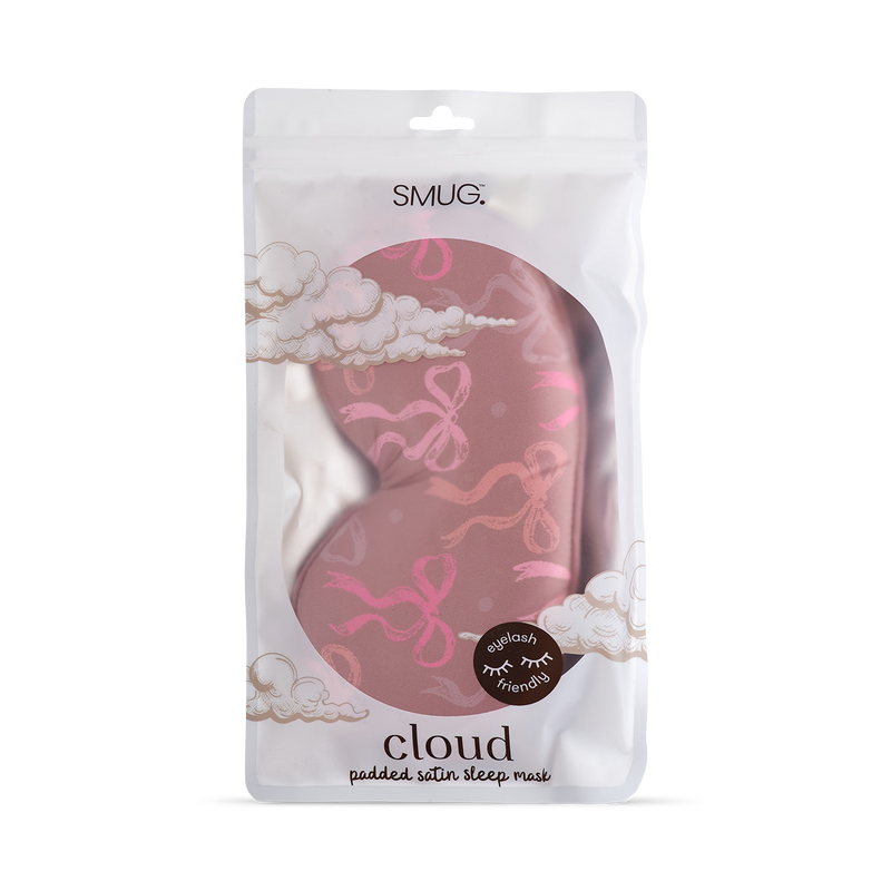 Smug Cloud padded satin sleep mask Mocha Bows (British brand)