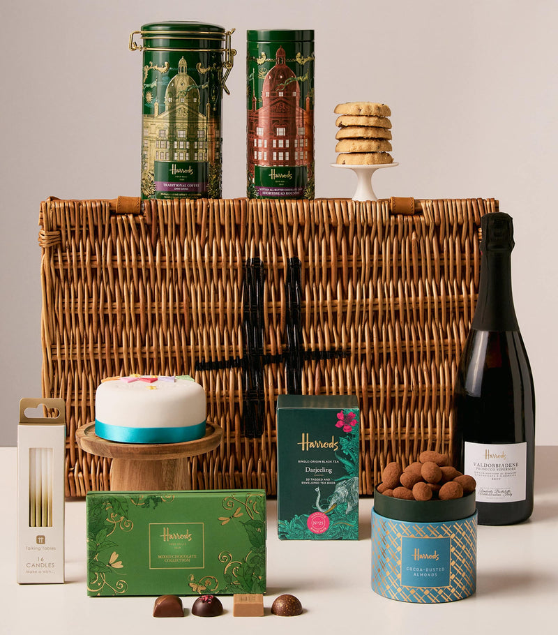 Harrods birthday celebration hamper with Champagne, cake, and treats, UK version