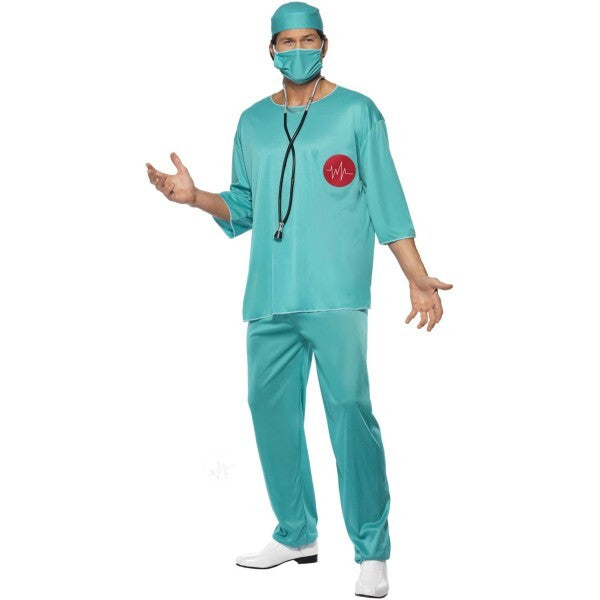 Smiffys adult surgeon costume green tunic and mask, imported from the UK