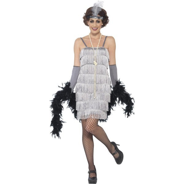 Smiffys Flapper Costume, Silver, with Short Dress