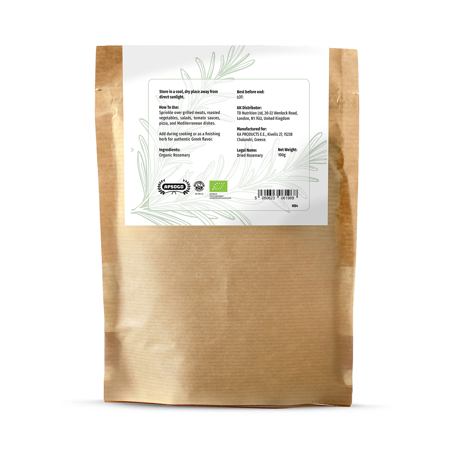 APSOGO organic dried rosemary 100g (British brand)