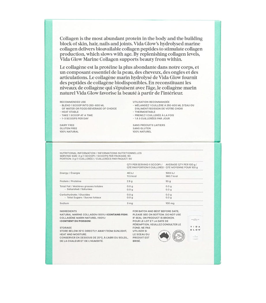 Vida Glow Natural Marine Collagen supplement 3 x 90g (British brand)