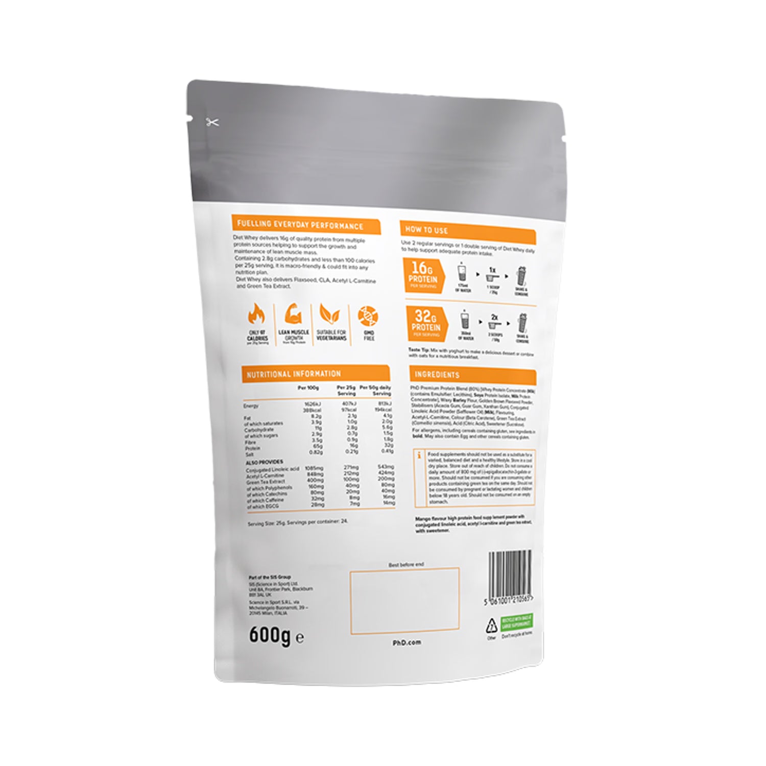 PhD Diet Whey Protein Powder Mango 600g, imported from the UK