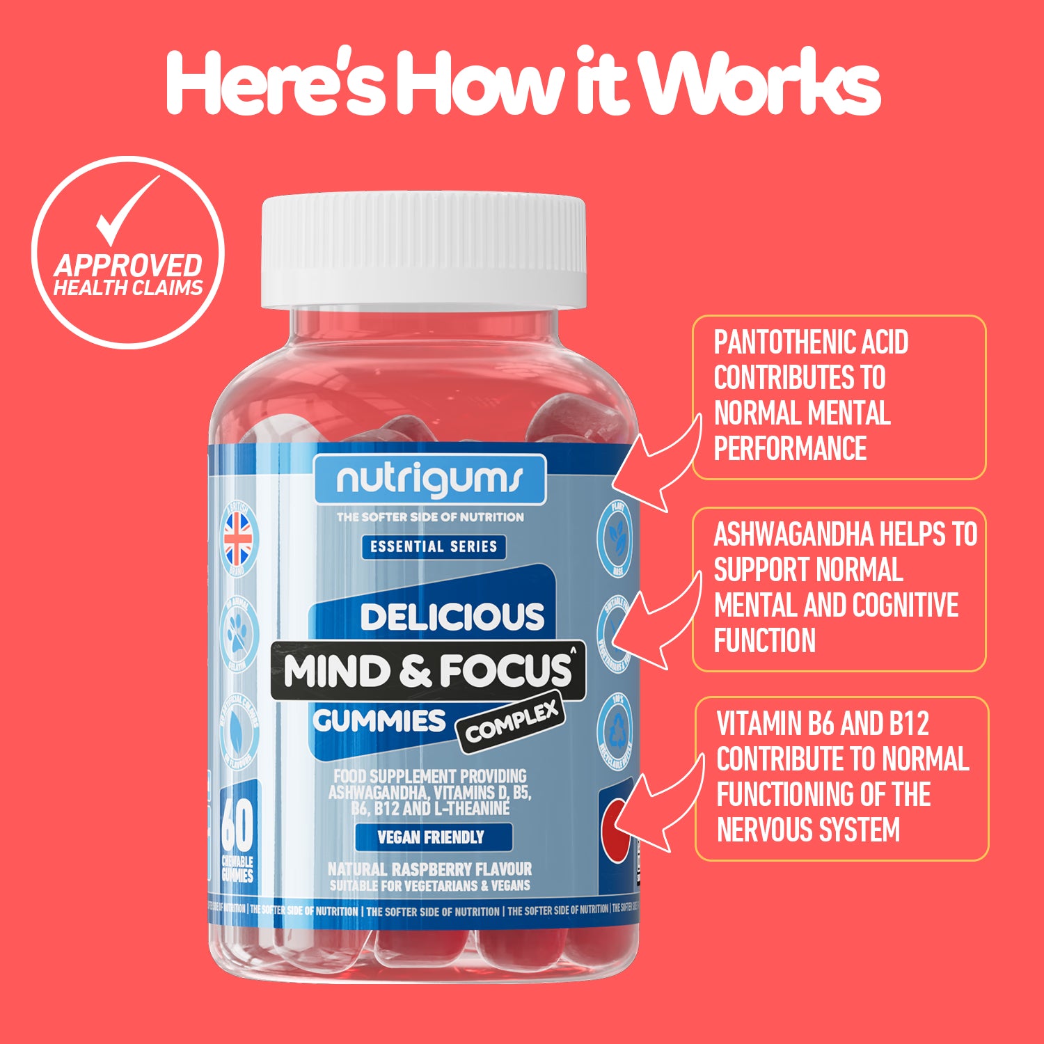 Nutrigums mind focus complex gummies 60 count, imported from the UK