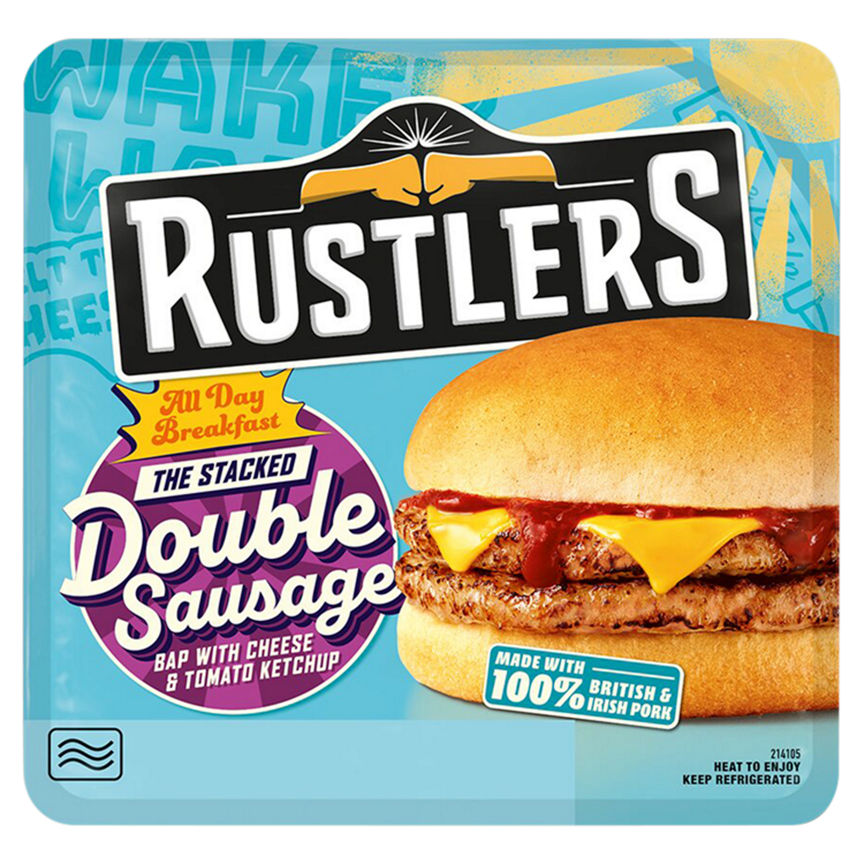 Rustlers The Stacked Double Sausage Bap with Cheese & Tomato Ketchup