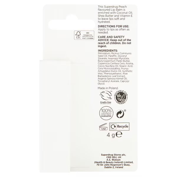 Superdrug Peach Flavour Lip Balm 4g (British brand)