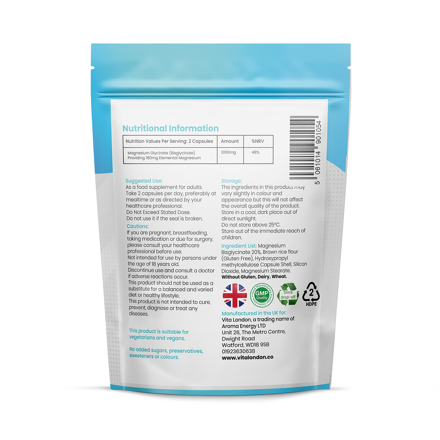 Vita London Magnesium Glycinate capsules 1000mg 60 caps (British brand)
