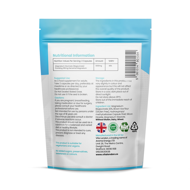 Vita London Magnesium Glycinate capsules 1000mg 60 caps (British brand)