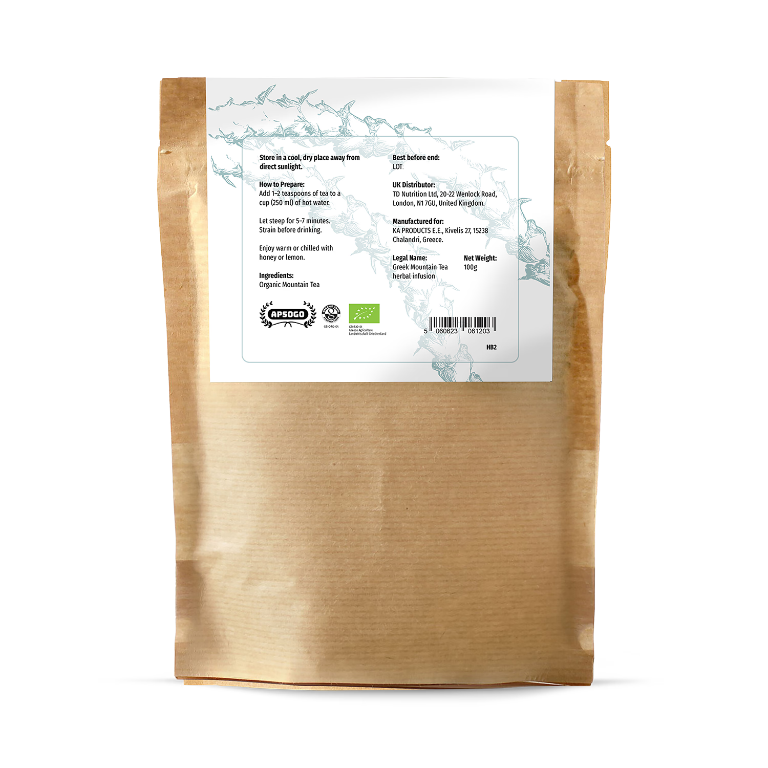 APSOGO organic Greek mountain tea loose leaf 100g, imported from the UK