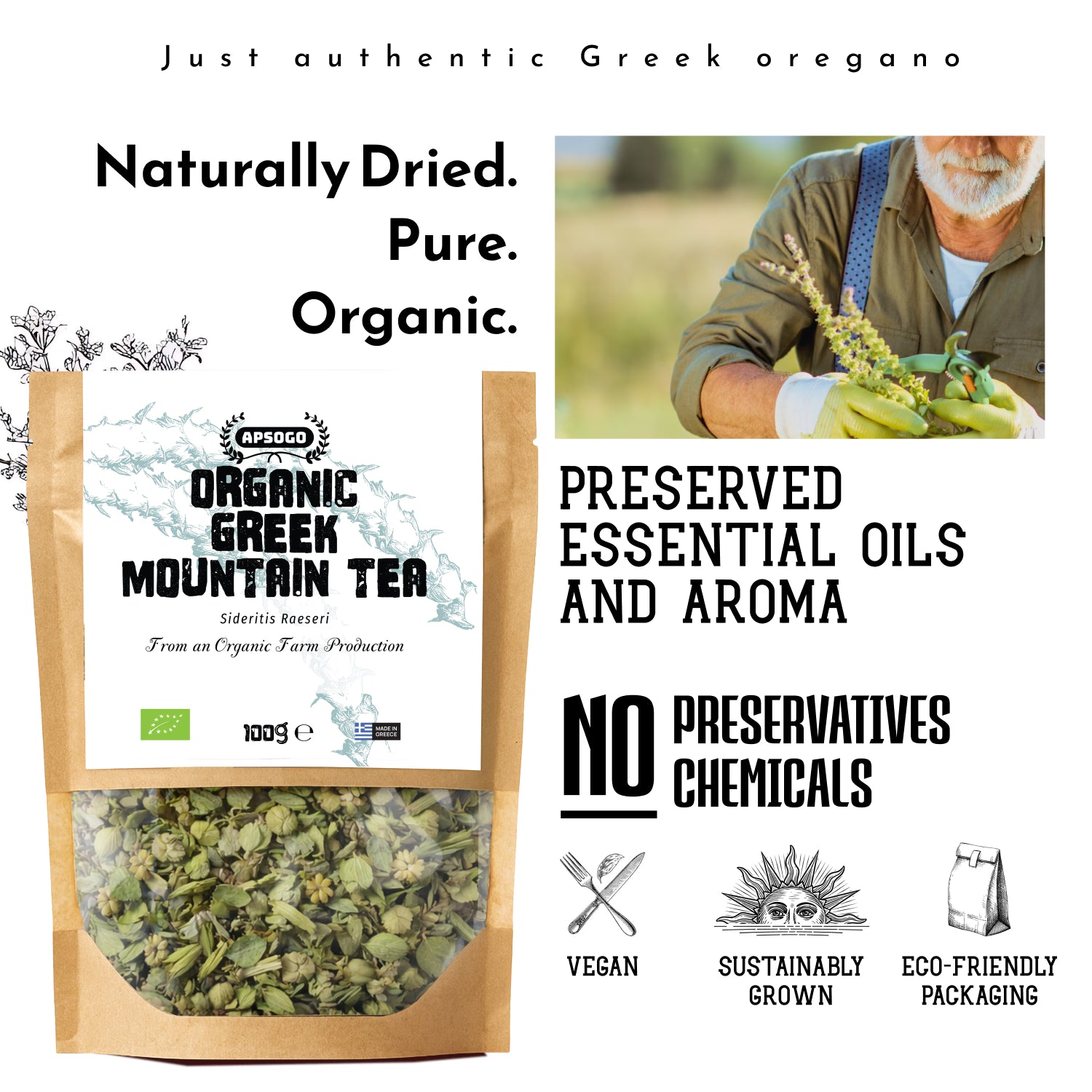 APSOGO organic Greek mountain tea loose leaf 100g, imported from the UK