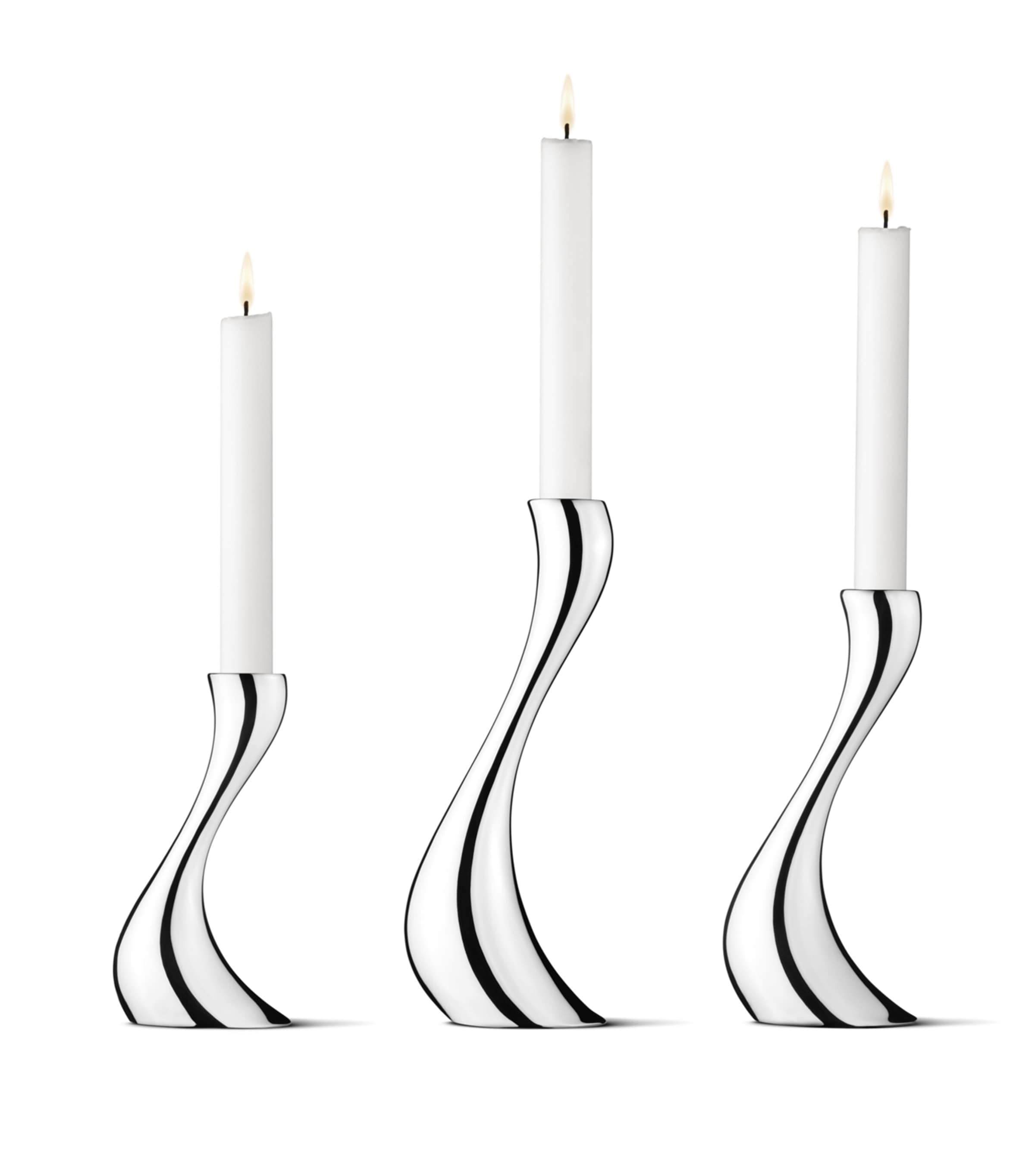 Georg Jensen Cobra candle holder set of three stainless steel holders, UK version