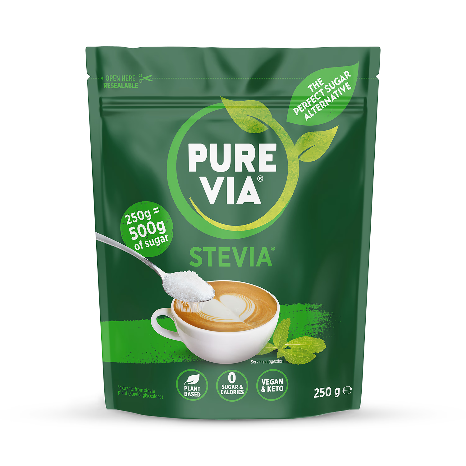 Pure Via granulated stevia sweetener 250g, imported from the UK