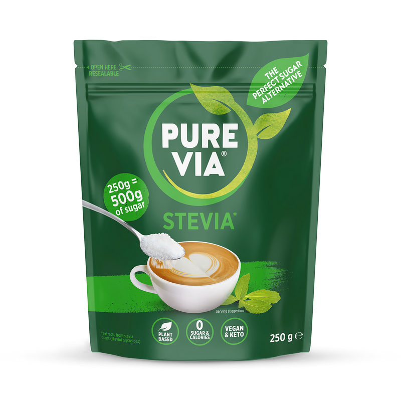 Pure Via granulated stevia sweetener 250g, imported from the UK