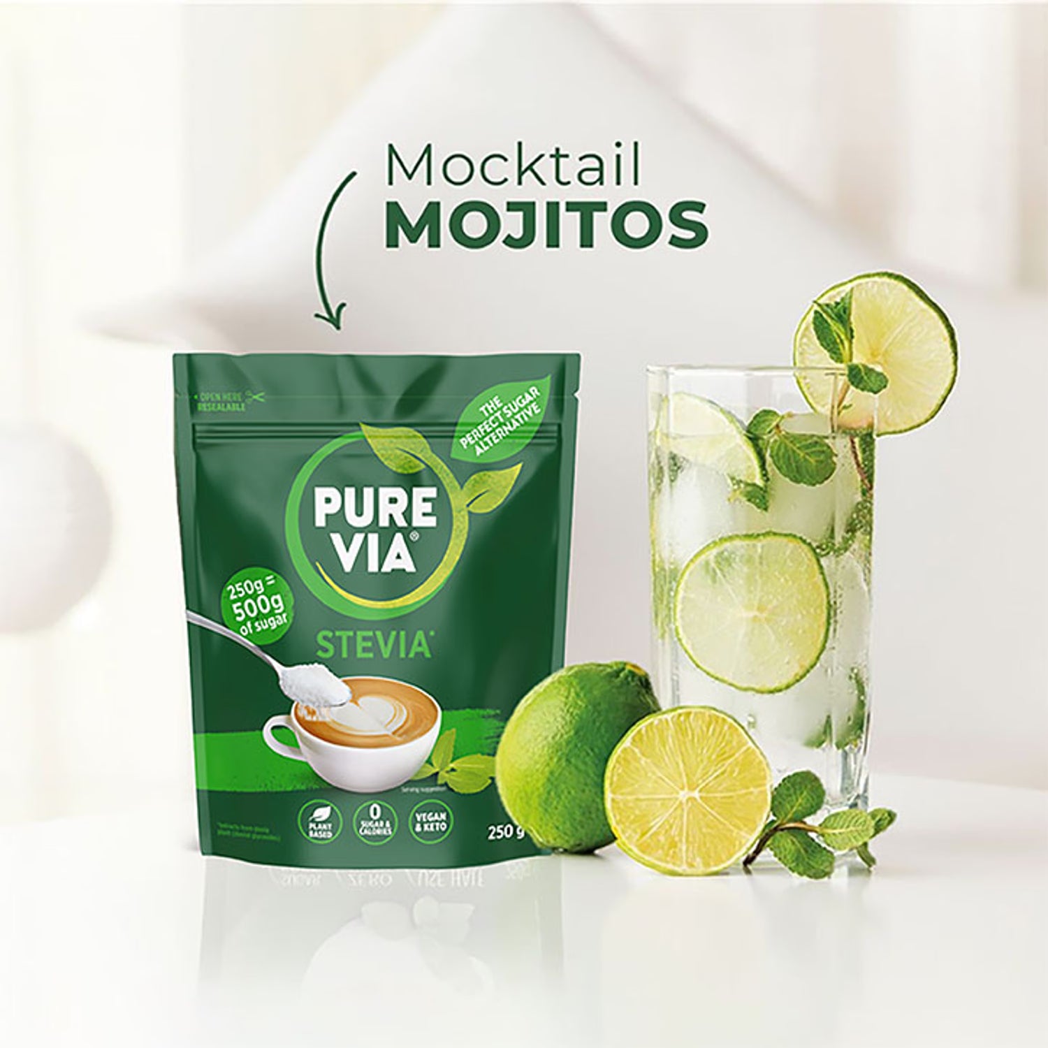 Pure Via granulated stevia sweetener 250g, imported from the UK