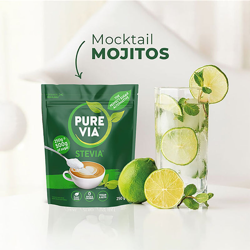 Pure Via granulated stevia sweetener 250g, imported from the UK