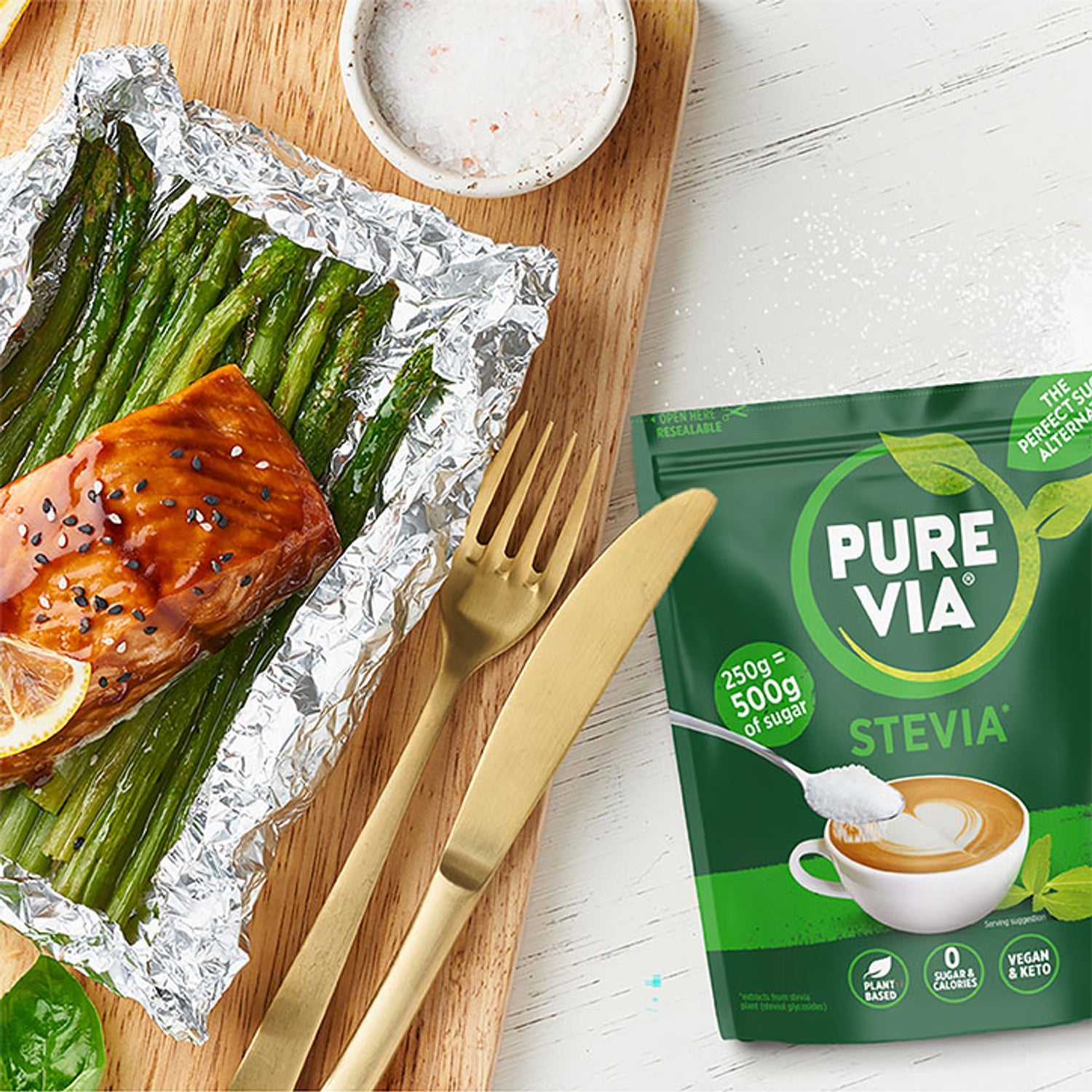 Pure Via granulated stevia sweetener 250g, imported from the UK