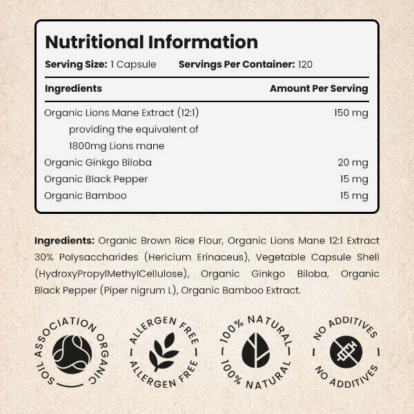 VitaBright organic Lion's Mane Mushroom Complex 120 capsules - British product