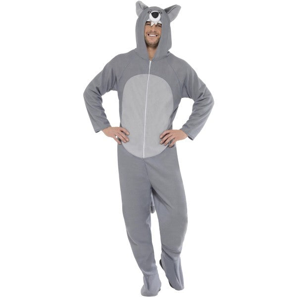 Smiffys wolf costume hooded all-in-one grey, imported from the UK