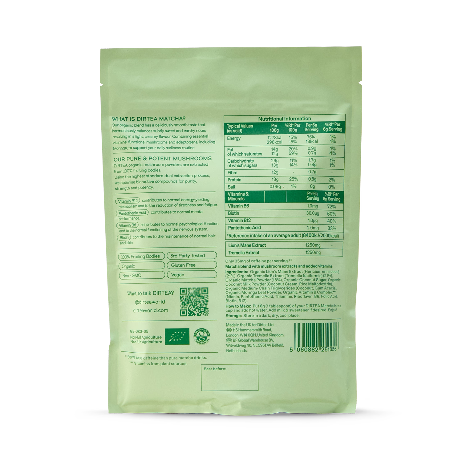 Dirtea Matcha Mushroom Superblend 2500mg 180g, imported from the UK