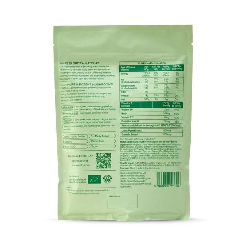 Dirtea Matcha Mushroom Superblend 2500mg 180g, imported from the UK