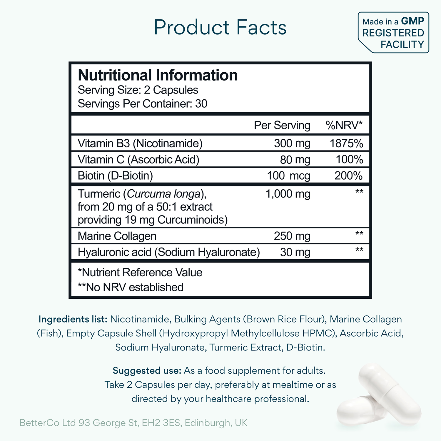 Niacinamide Marine Collagen Hyaluronic Acid capsules 60 count - British product