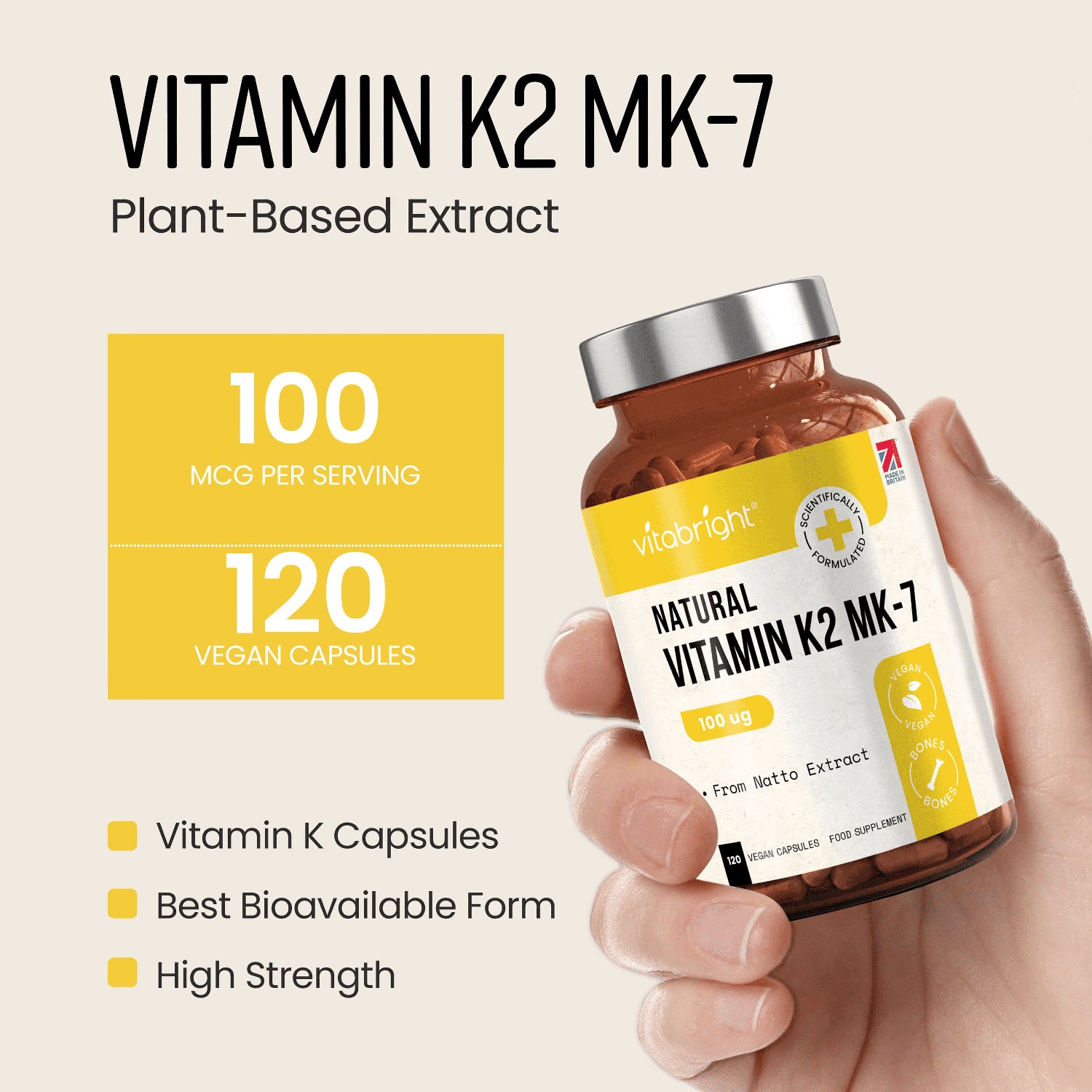 VitaBright Vitamin K2 MK7 supplement 100mcg 120 capsules, imported from the UK