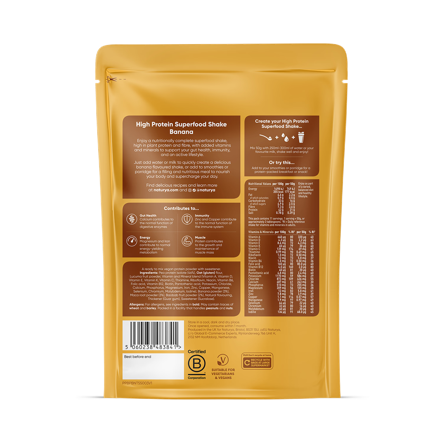 Naturya Banana Protein Shake 550g, imported from the UK