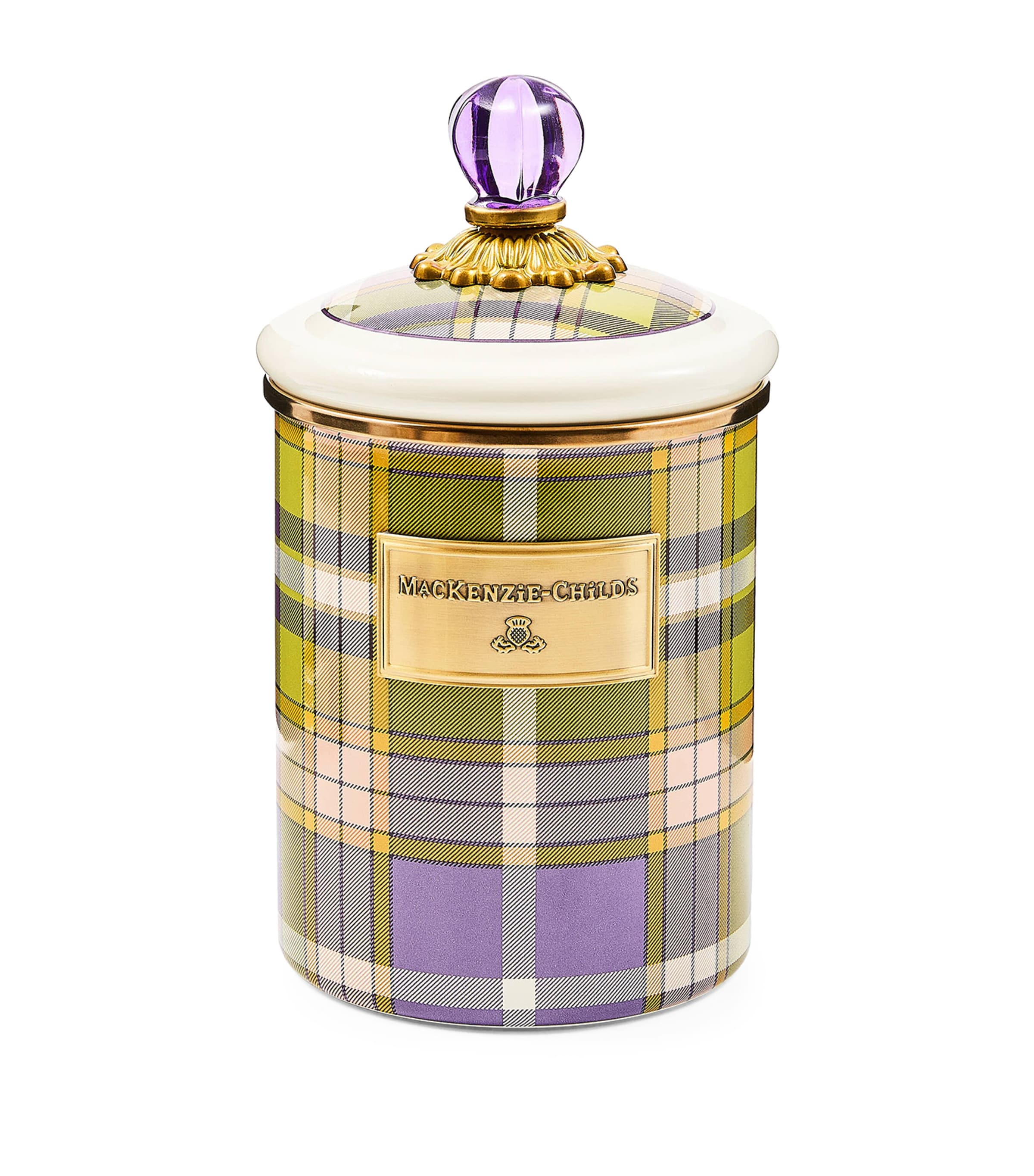 MacKenzie-Childs steel canister violet check 21.5cm, imported from the UK