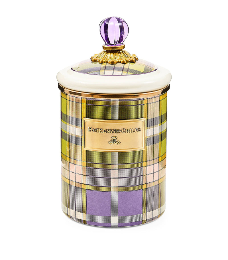 MacKenzie-Childs steel canister violet check 21.5cm, imported from the UK