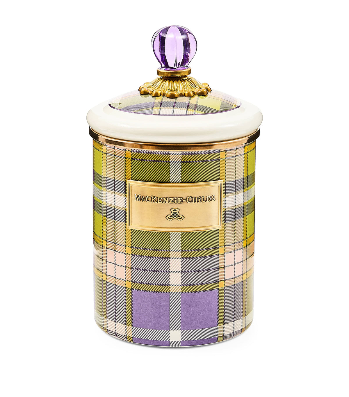 MacKenzie-Childs steel canister violet check 21.5cm, imported from the UK