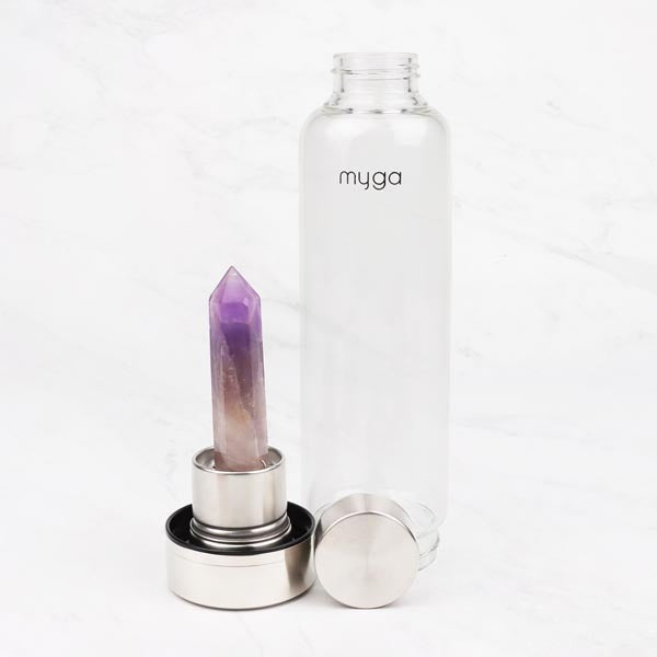 Myga amethyst crystal glass water bottle, imported from the UK