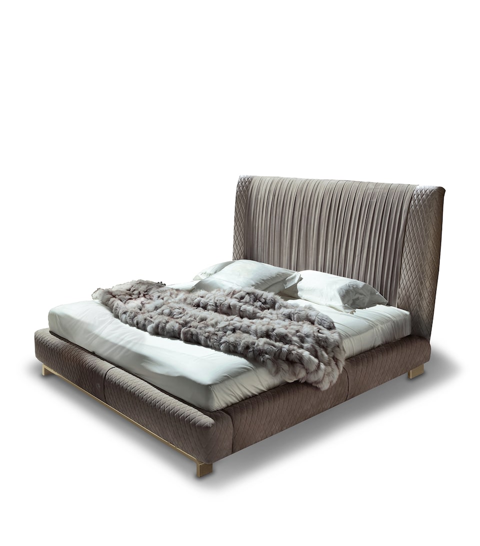 Solid Wood Bed Frame with Brass Inserts and Upholstered Headboard, Approx. 130x214x300cm